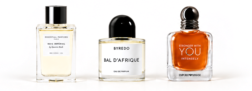 Bois Impérial (Essential Parfums), Bal d'Afrique (Byredo) et Stronger With You Intensely (Emporio Armani)